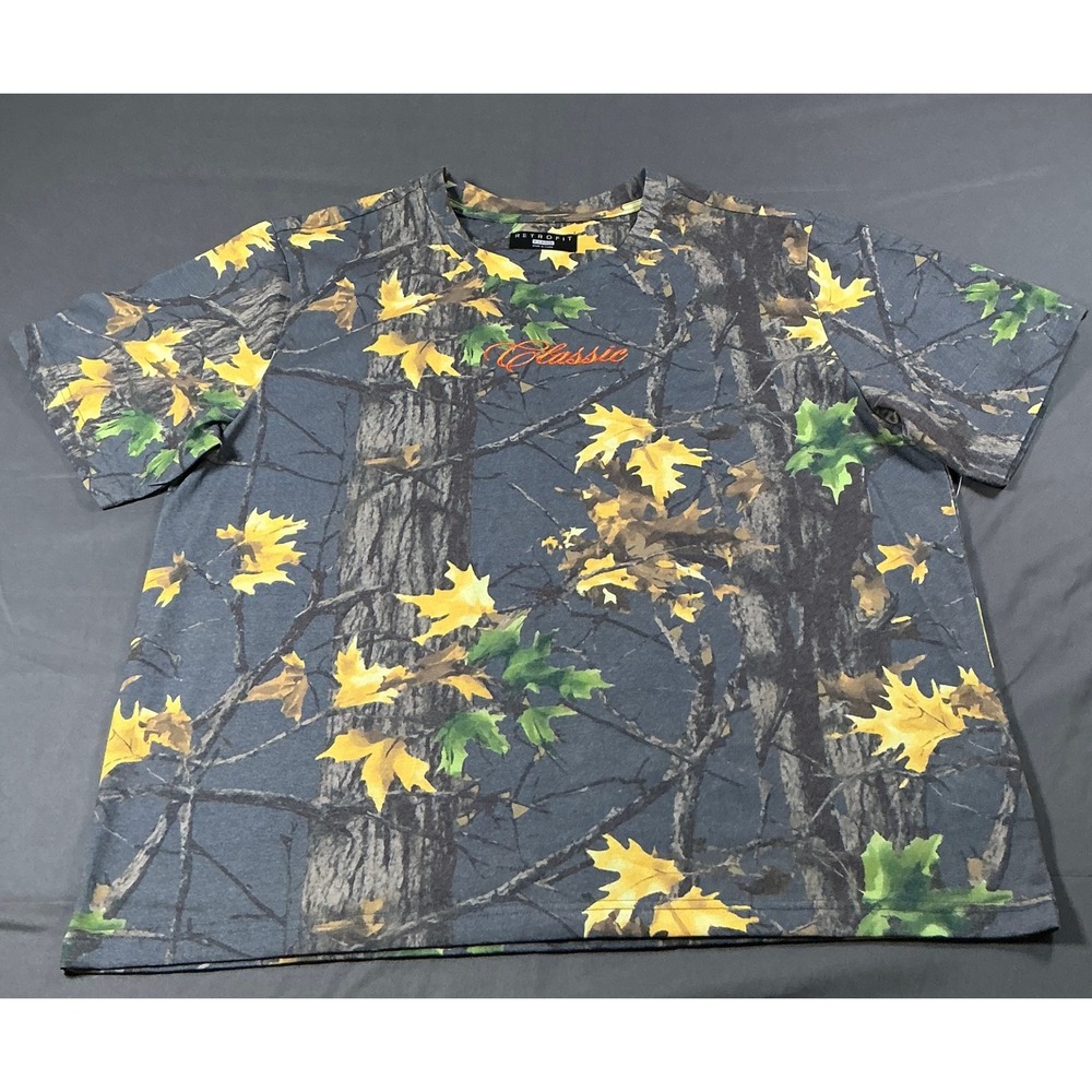 Retrofit Mens Camo T-Shirt XL Gray Yellow Green Leaf Classic Embroidered Tee